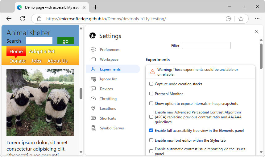 The Experiments page in Settings