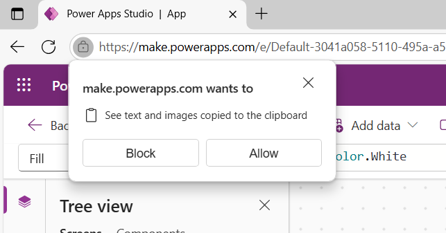 Screenshot of edge asking for permission to access the clipboard content.