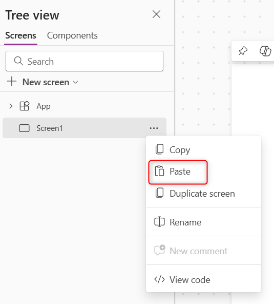 Screenshot of the tree view in Power Apps Studio, with the Paste code option highlighted on a control's context menu.