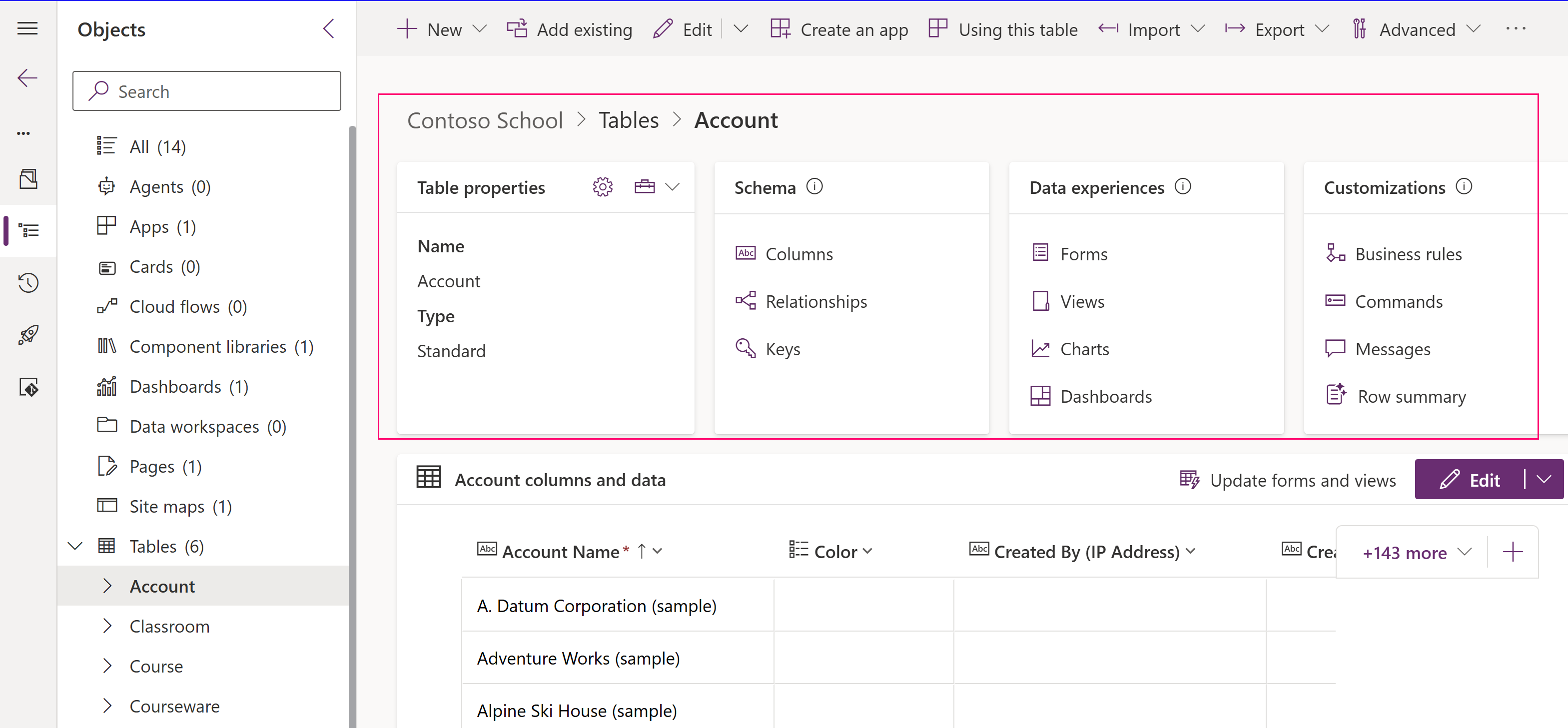 Account table with objects to view