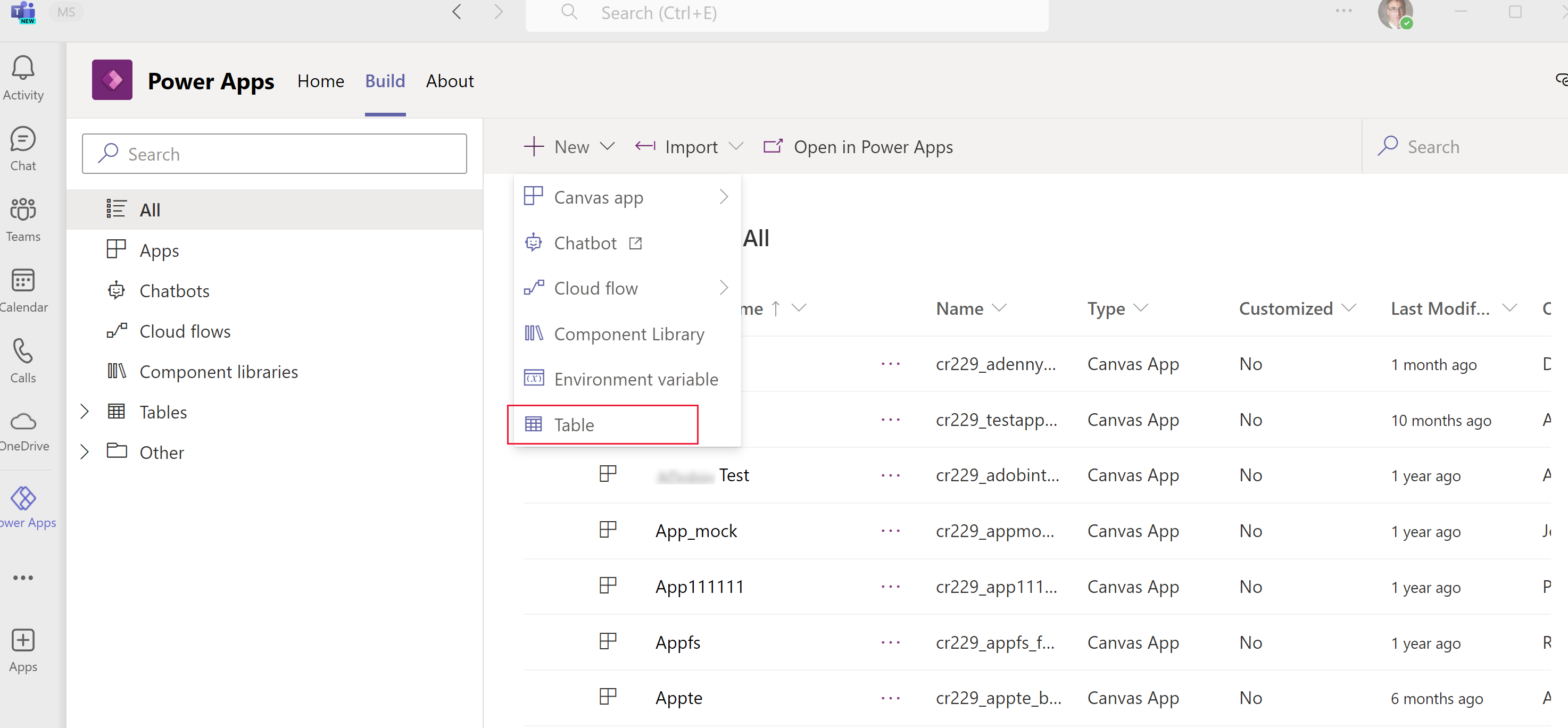 New table menu option New table menu option.