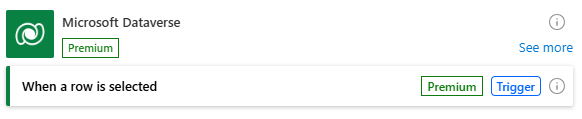 A screenshot of the When a row is selected trigger in the Power Automate cloud flow designer.