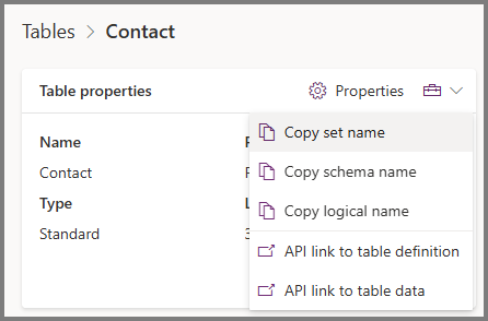 Screenshot of Power Apps contact table with tools expanded and the Copy set name option selected