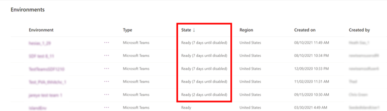 Screenshot of the Environments list page in Power Platform admin center, with the environment state column highlighted.