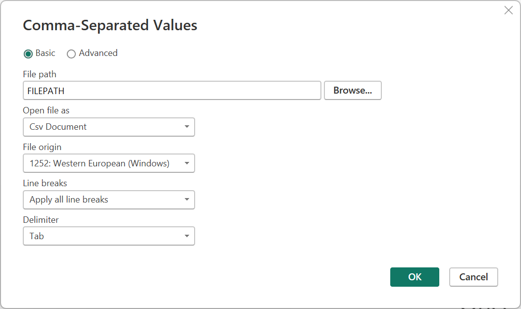 Screenshot of the dialog where you edit the source step on a query accessing a CSV file.