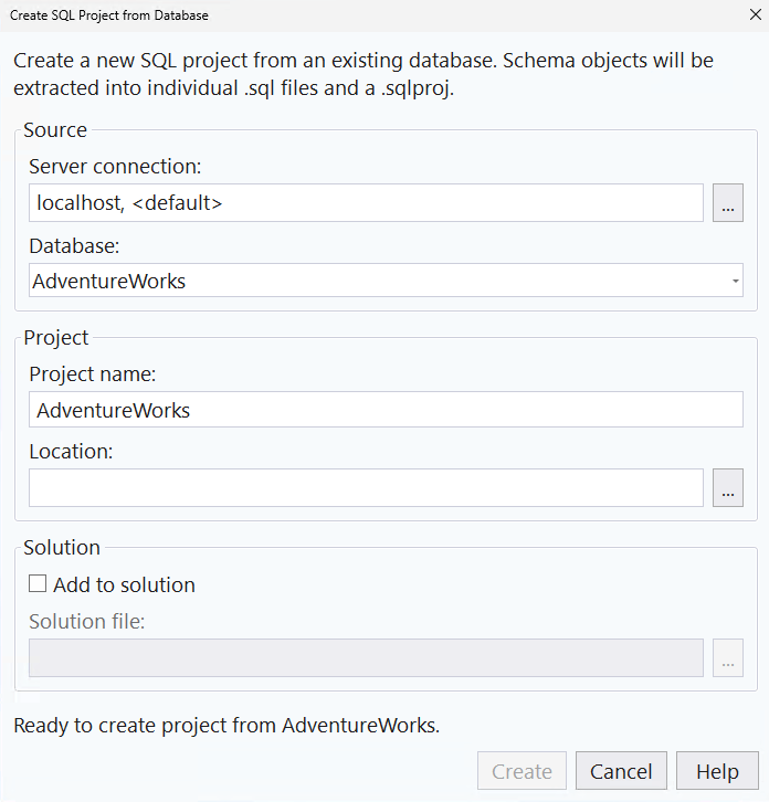 Screenshot of New SQL Project from Database dialog in SQL Server Management Studio.