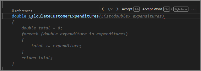 Screenshot showing a code line completion based on code.