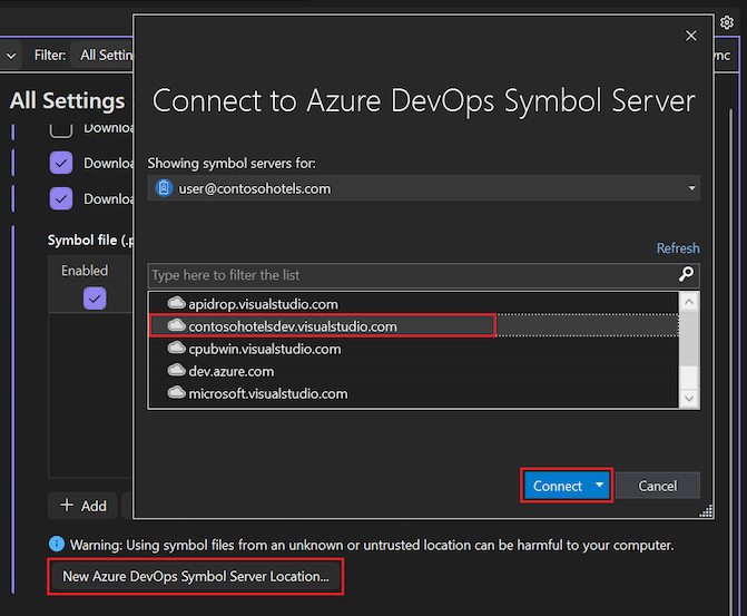Screenshot that shows how to add a new Azure DevOps Symbol Server location in Visual Studio.