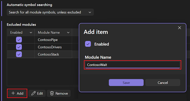 Screenshot that shows how to create the list of excluded modules.