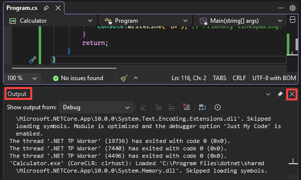 Screenshot that shows how to close the Output pane in Visual Studio.