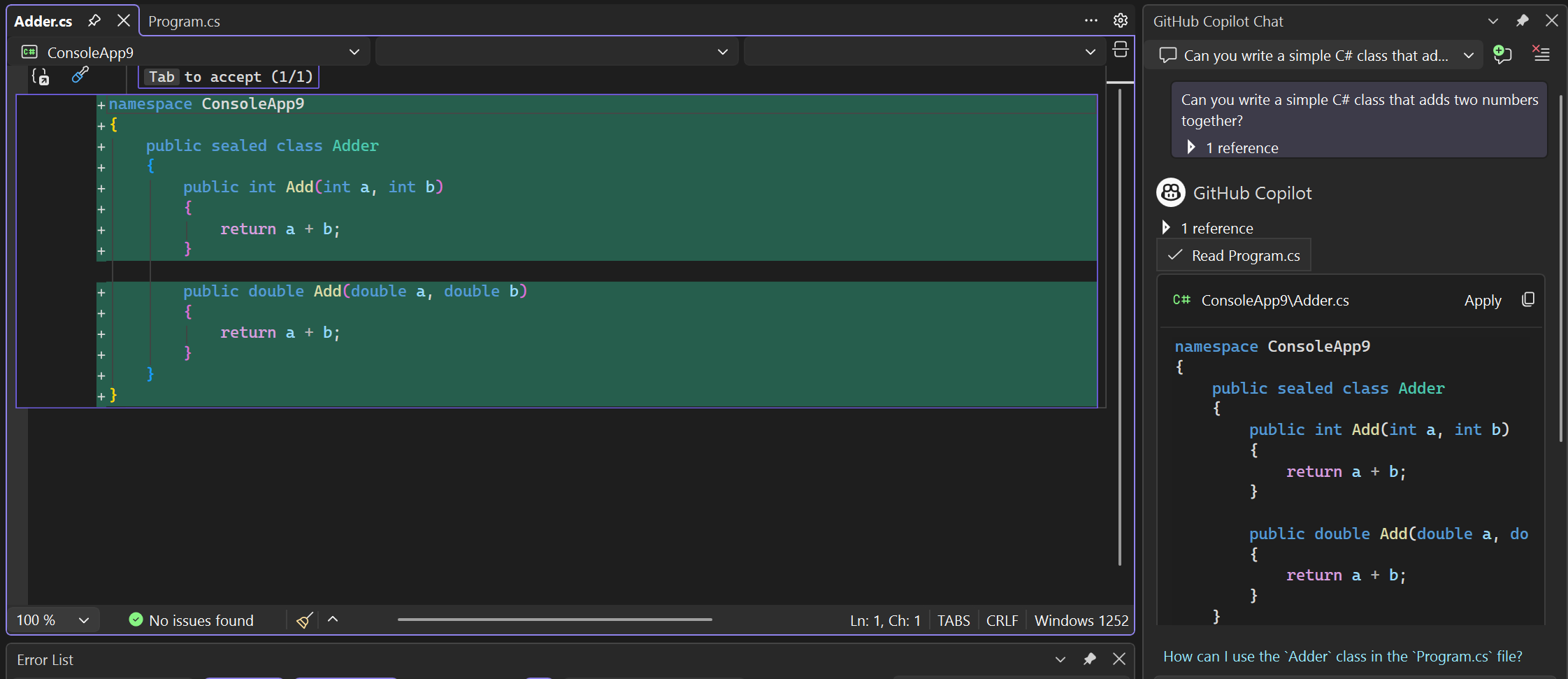 Screenshot of code suggestions in a new file in the editor.