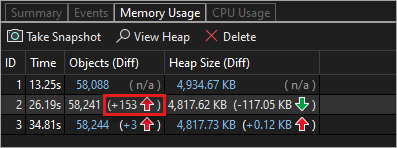 Screenshot of the Memory Usage summary table with the change link highlighted in a snapshot cell.