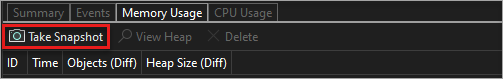 Screenshot of the Memory Usage summary toolbar with the Take Snapshot button.