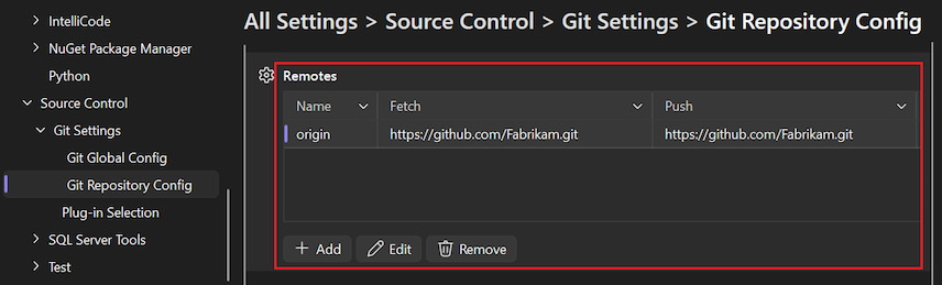 Screenshot that shows the Git Remotes section for the local repository.