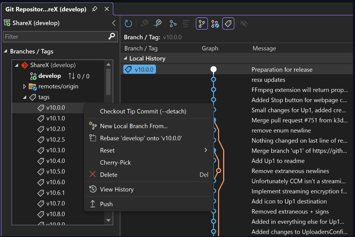Screenshot that shows git tags in the Git Repository window.