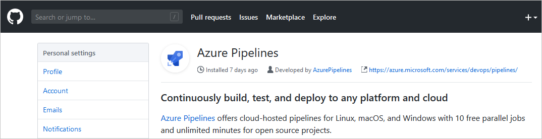 Установите расширение Azure Pipelines на GitHub.