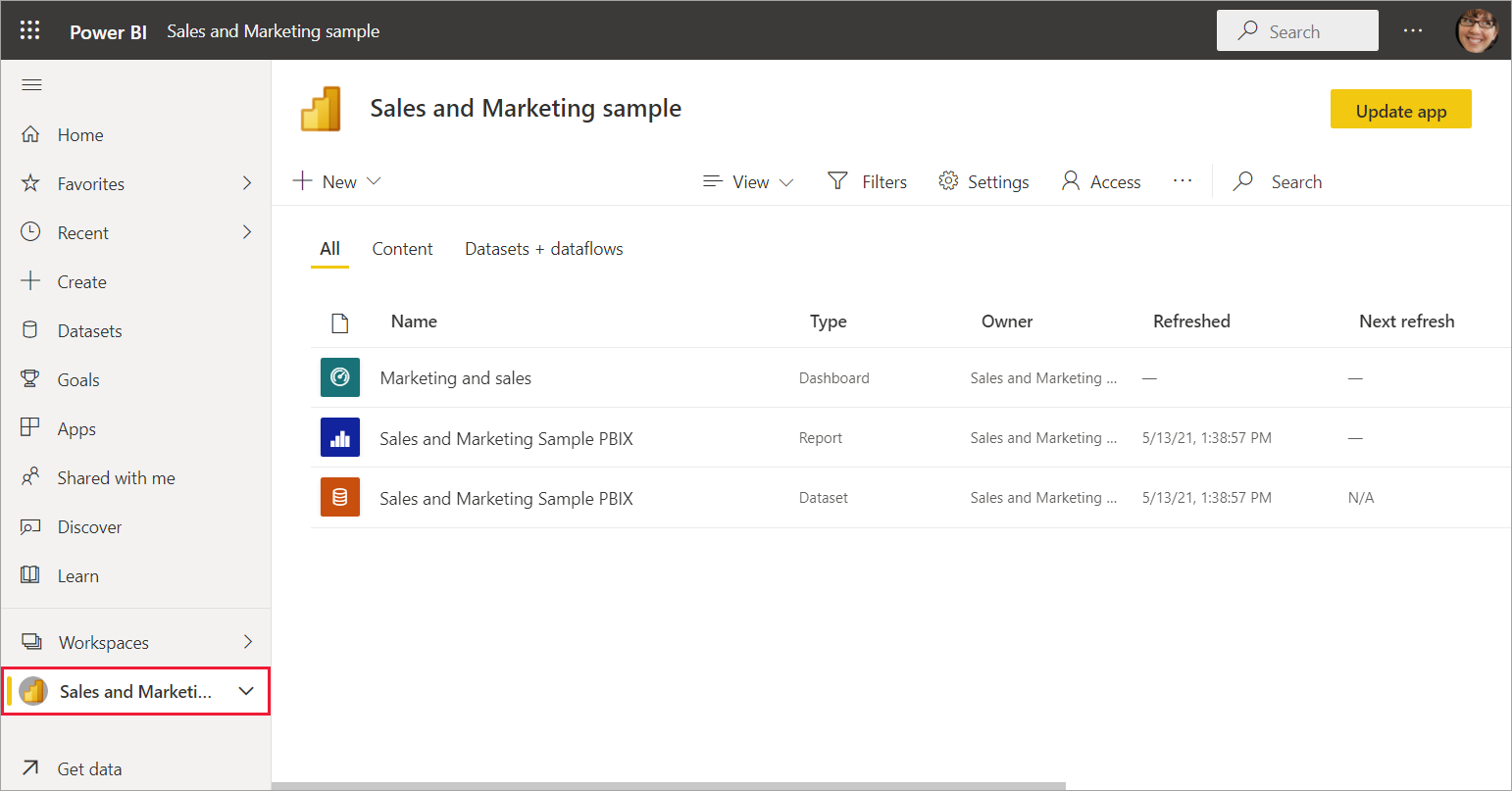 Screenshot of the Sales and Marketing workspace showing one report and one semantic model.