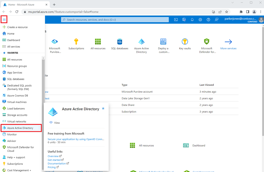 Снимок экрана: ссылка на Azure Active Directory.