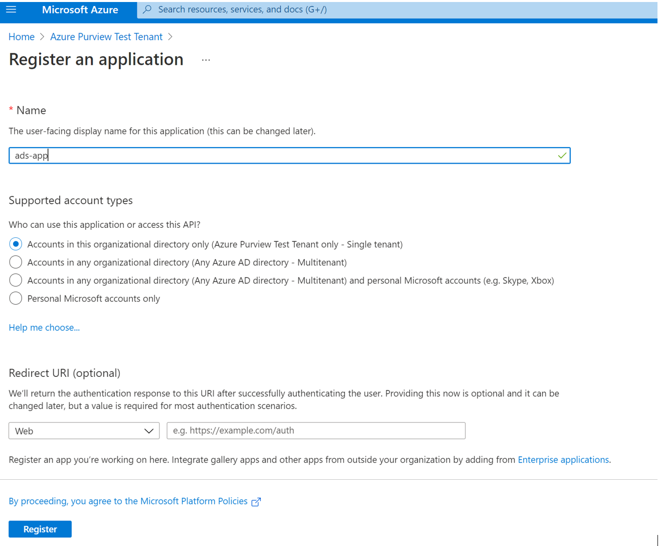 Снимок экрана: сведения о регистрации нового приложения.