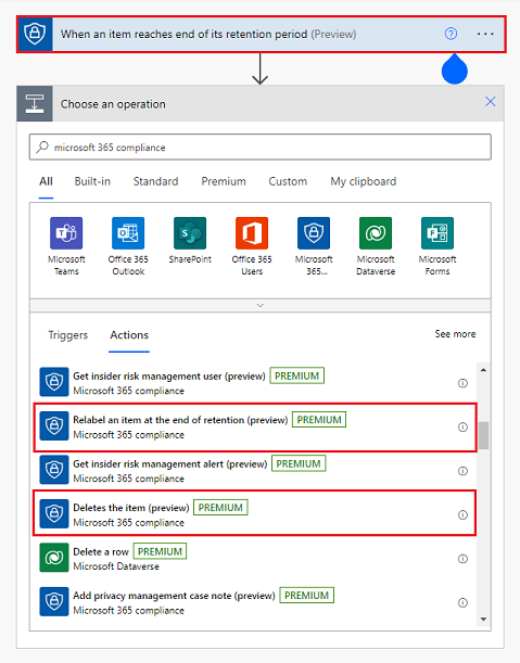 Настройка потока Power Automate для момента окончания срока хранения элемента.