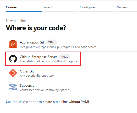 Снимок экрана: выбор GitHub в качестве расположения кода.