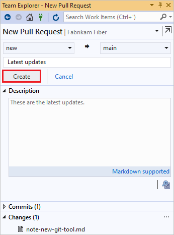 снимок экрана: создание нового P R в Visual Studio Team Explorer.