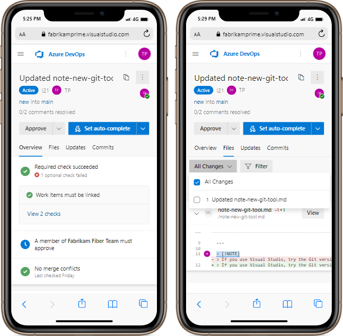 снимок экрана экрана Azure Repos P R на мобильном устройстве.
