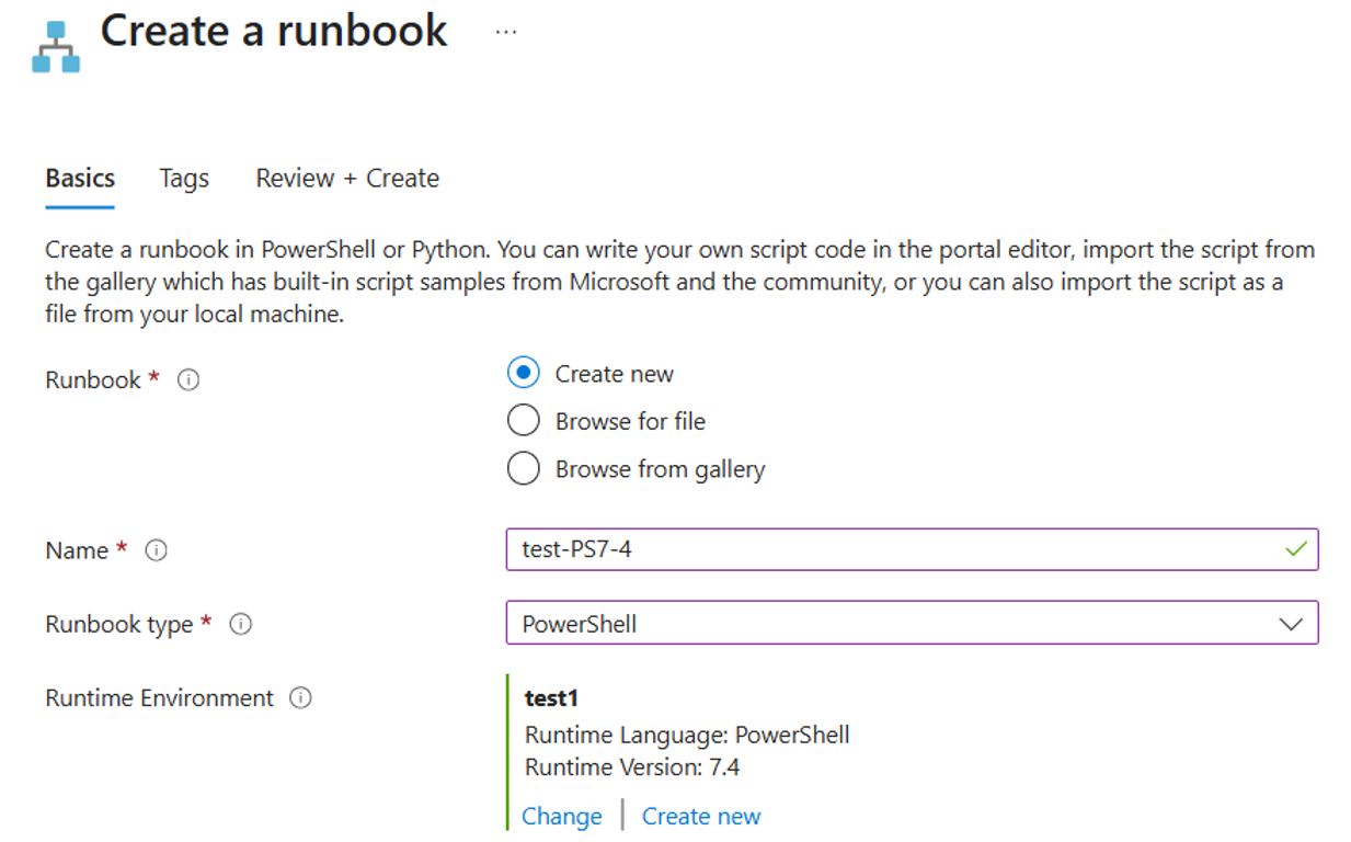 Снимок экрана: создание модуля Runbook в среде выполнения.