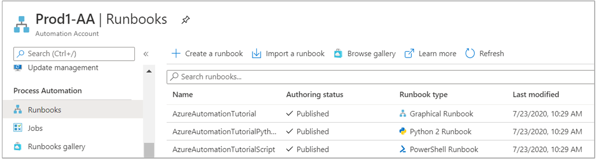 Учебные модули Runbook, созданные с помощью учетной записи службы автоматизации