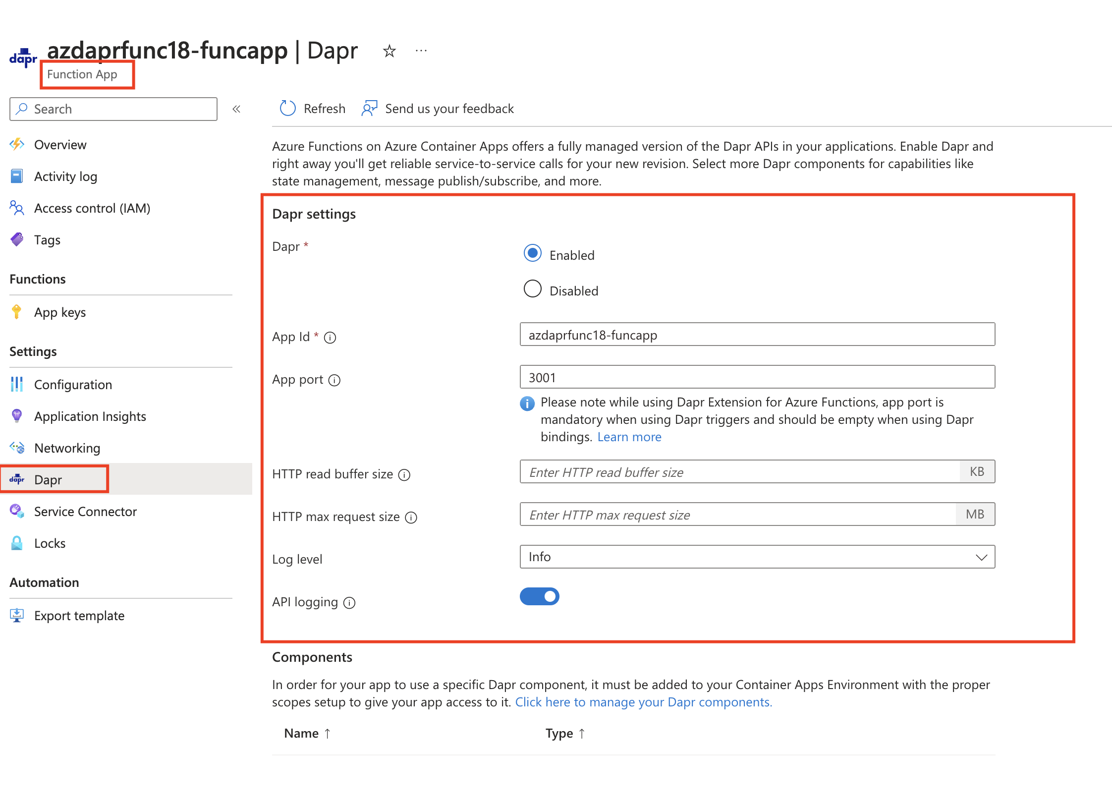 Снимок экрана: поиск включения Dapr для приложения-функции в портал Azure.