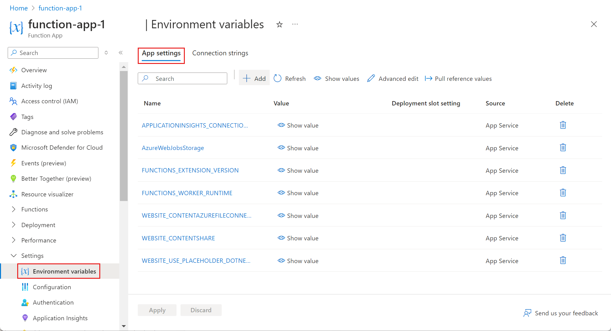 Снимок экрана: выбор страницы параметров приложения в приложении-функции.