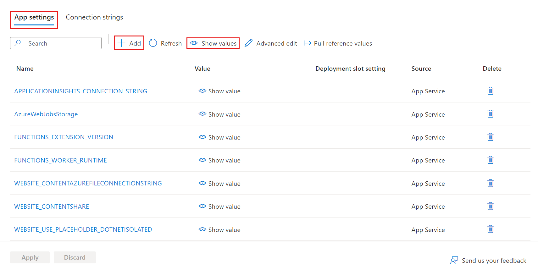 Снимок экрана, показывающий страницу параметров приложения в приложении-функции.