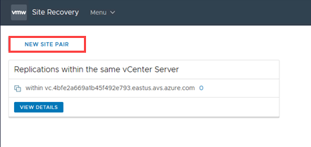 Снимок экрана, на котором показан клиент vSphere с выделенной кнопкой New Site Pair (Создать пару сайтов) для Site Recovery.
