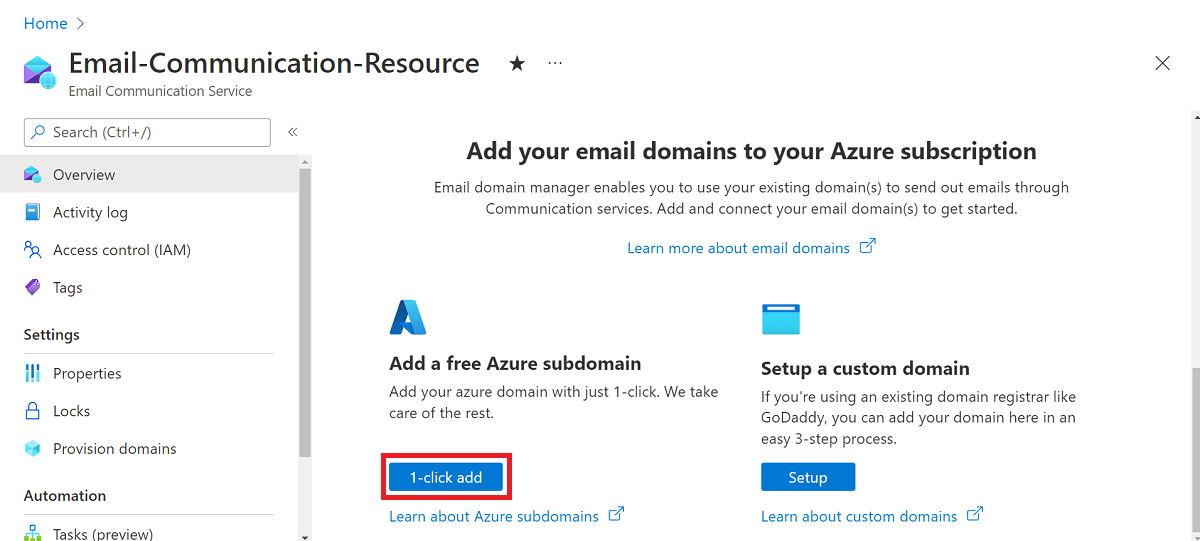 Снимок экрана: добавление бесплатного управляемого домена Azure.