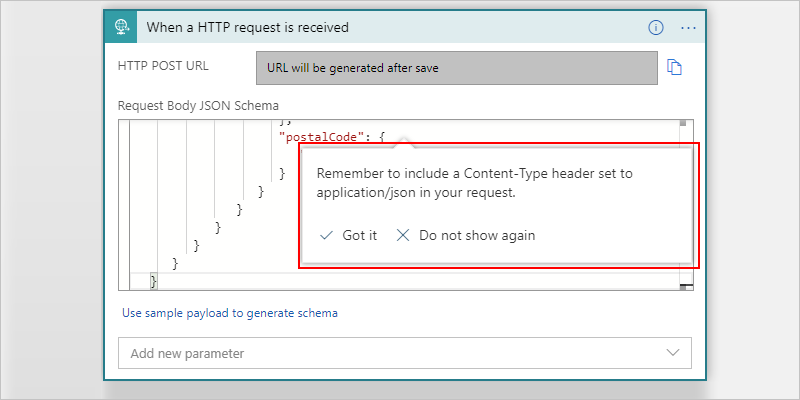 Screenshot showing Consumption workflow, Request trigger, and reminder to include 