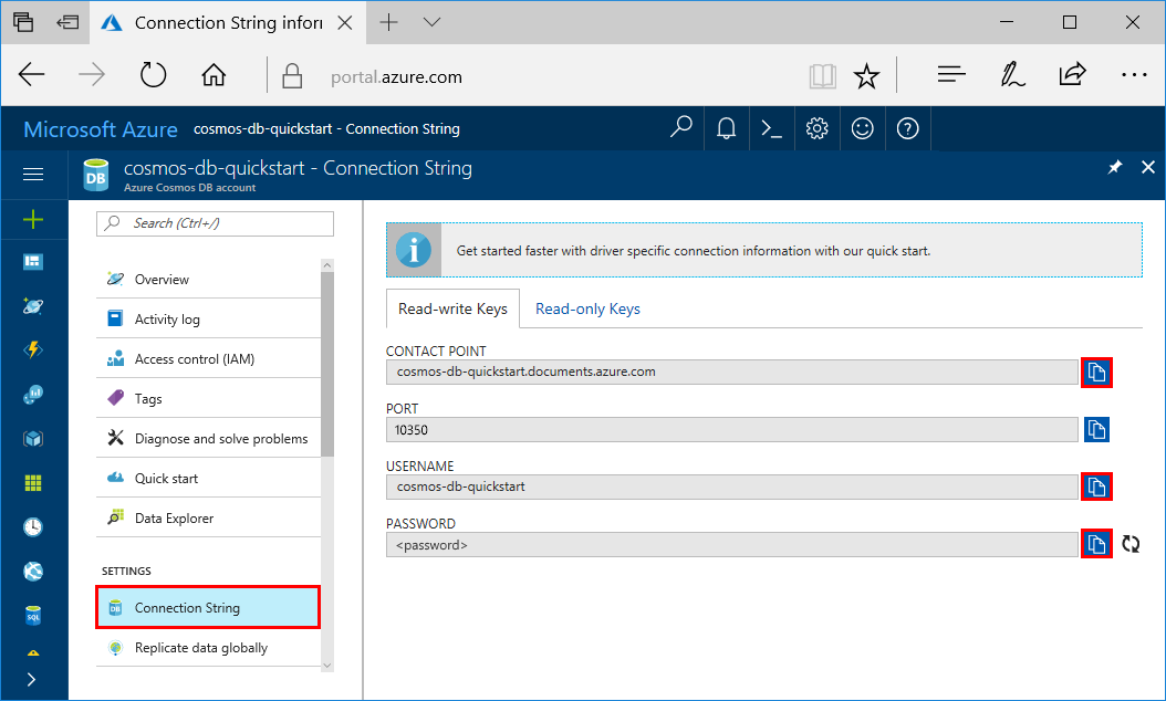 Просмотр и копирование ключа доступа на странице Строка подключения на портале Azure