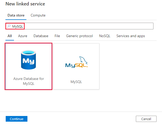 Выберите соединитель Базы данных Azure для MySQL.