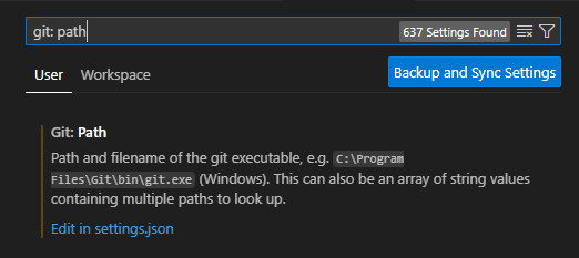 снимок экрана строки поиска параметров Visual Studio Code для пути Git.