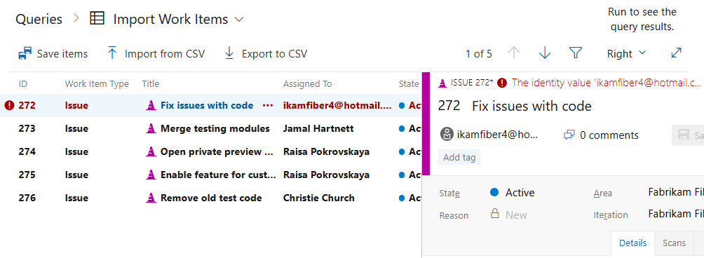 Screenshot showing Invalid value appearing in the Assigned To field.