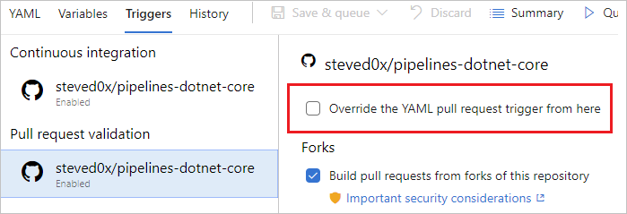 Переопределите триггер YAML отсюда.