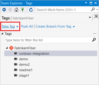 Снимок экрана: кнопка создания тега в Visual Studio.
