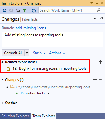 Снимок экрана: рабочий элемент, связанный с фиксацией в представлении изменений Team Explorer в Visual Studio 2019.