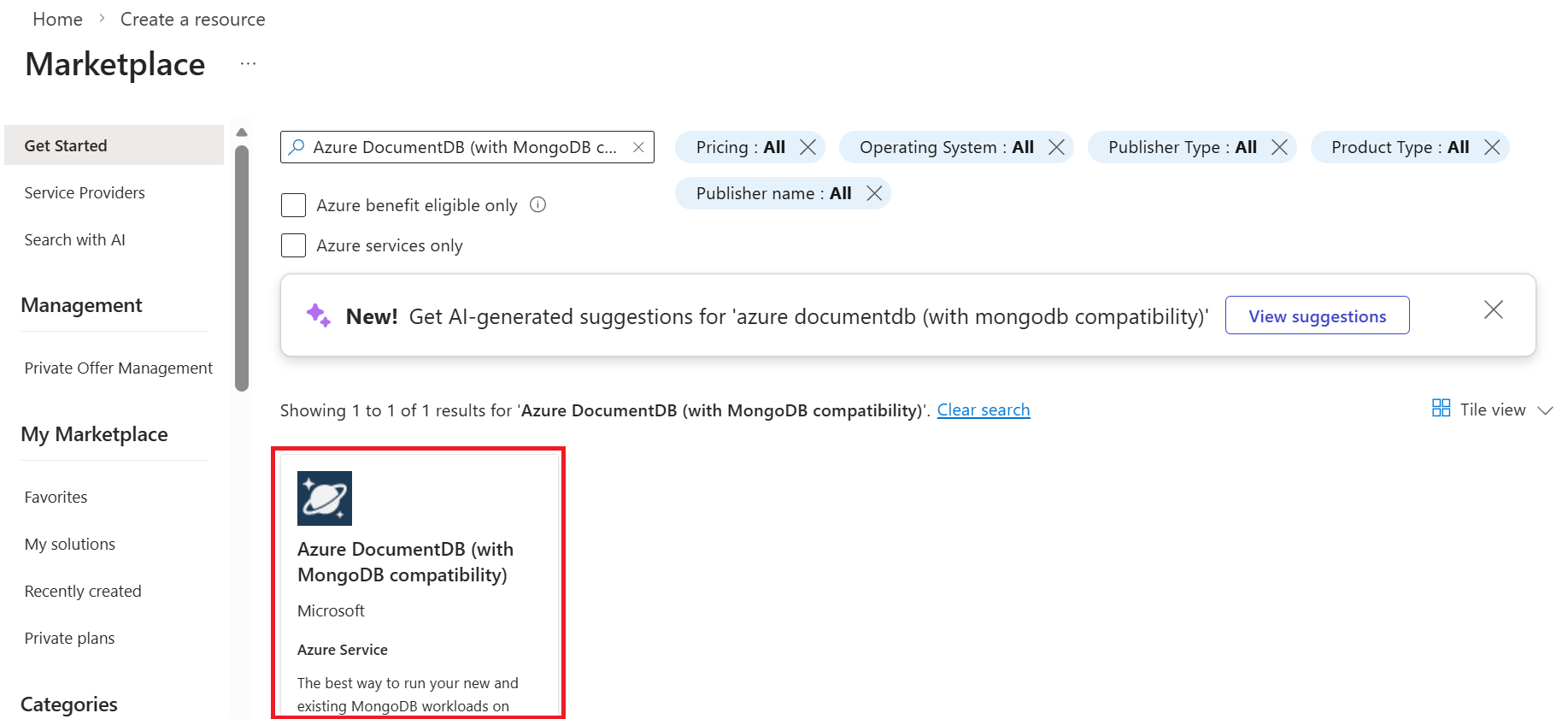 Снимок экрана: поиск Azure DocumentDB.