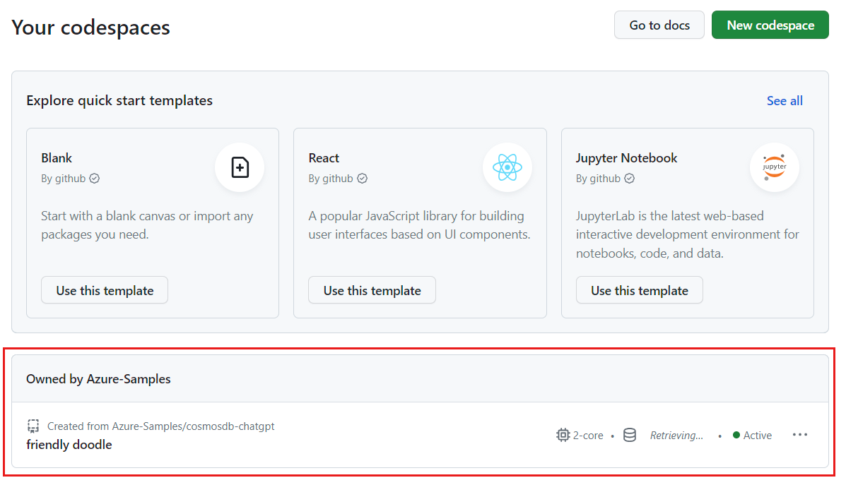 Снимок экрана: все запущенные devcontainers, включая их состояние и шаблоны.