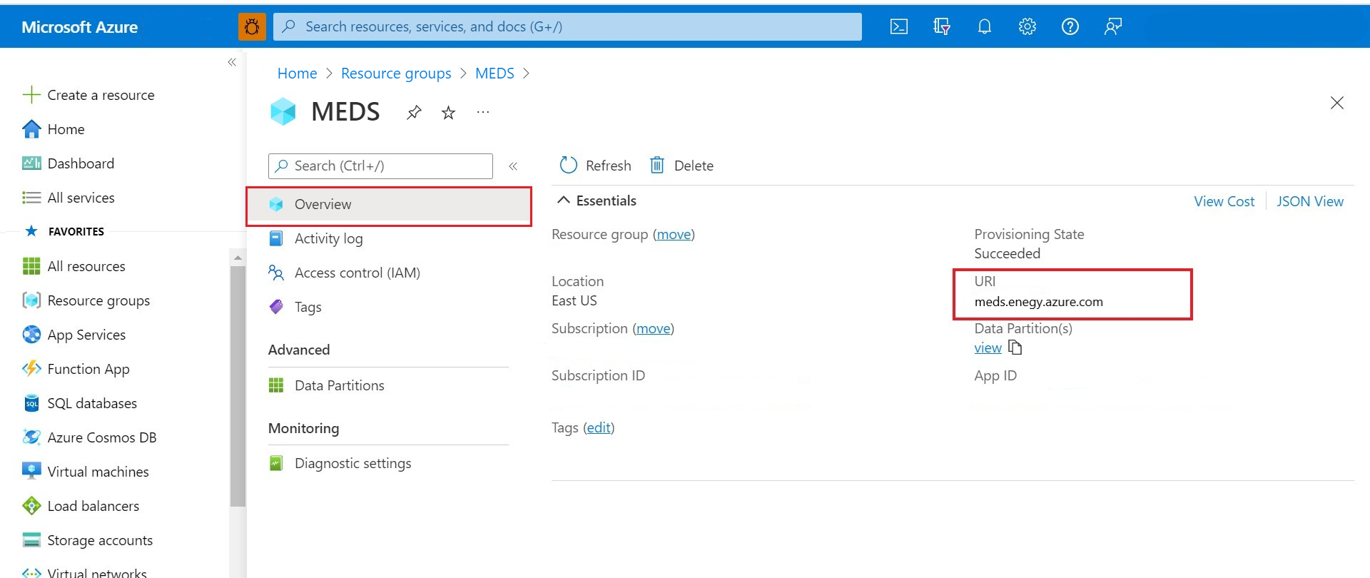 Снимок экрана: поиск URI для экземпляра Azure Data Manager для энергетики.