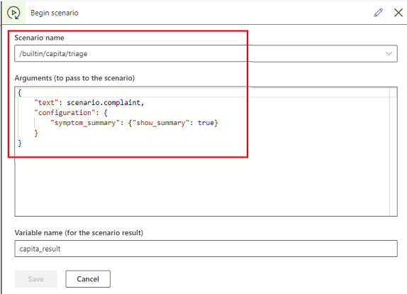 Screenshot of passing arguments to Capita subscenario