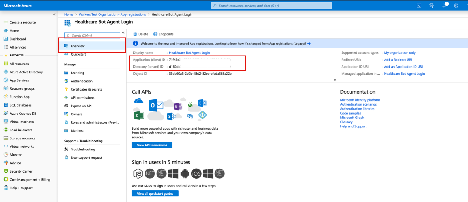 A screenshot of a directory ID and Application ID