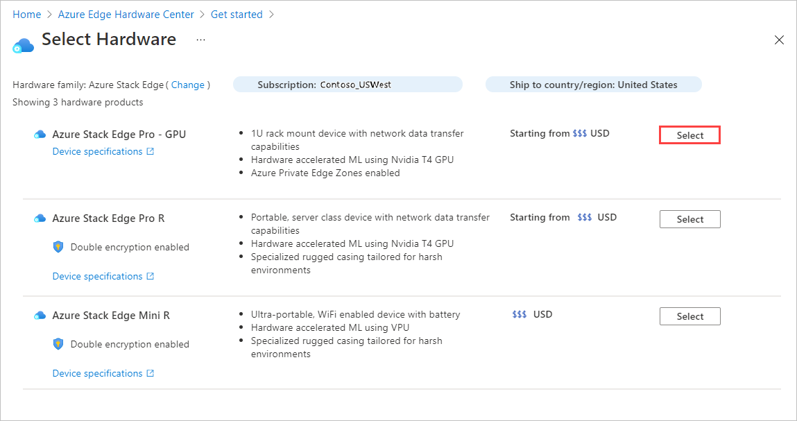 Снимок экрана: выбор аппаратного продукта для заказа Центра оборудования Azure Edge. Выделена кнопка 