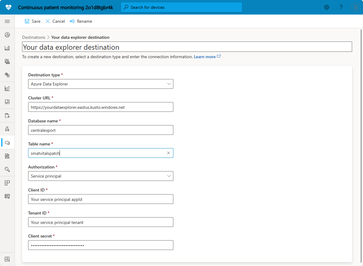 Снимок экрана: назначение экспорта Azure Data Explorer, использующее субъект-службу.