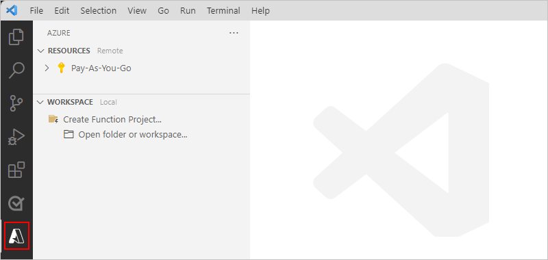 Снимок экрана: панель действий Visual Studio Code с выбранным значком Azure.